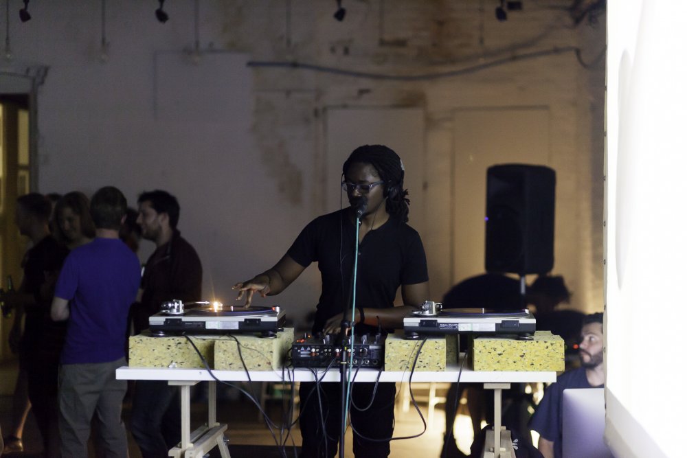 Larry Achiampong performing at <i>All Of Us Have A Sense Of Rhythm: An Evening of Live Music</i> at DRAF, 2015. Photo: Dan Weill