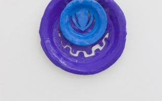 12 Daniele Milvio, ‘Turquoise ashtray on violet plate' (2014). Install view. Courtesy Rowing, London.