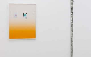 14 Right-Left:  Erika Ceruzzi, ‘Ribbons (Electrobank)' (2014). Lisa Holzer, 'Nude monochrome’s naked dream' (2014). Install view. Courtesy Rowing, London.