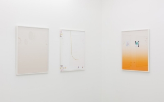 19 Right-Left: Lisa Holzer, \'Nude monochrome’s naked dream’, ‘It’s my hair and I can do what I want with it!\' and ‘Nude monochrome’s naked dream with Ei passing under spaghetti (blushing orange)\' (2014). Install view. Courtesy Rowing, London.