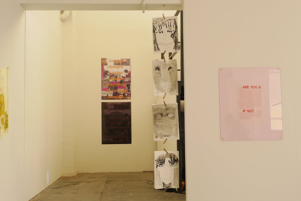 Left-to-right: Ben Vickers + Holly White, 'Untitled', Megan Rooney, 'Duty balls, fallen angels' (2015), Nina Wakeford 'A Poster Made By Me in 1984’ (2012). Install view. Courtesy Generation & Display.