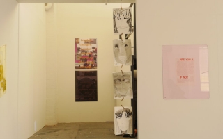Left-to-right: Ben Vickers + Holly White, 'Untitled', Megan Rooney, 'Duty balls, fallen angels' (2015), Nina Wakeford 'A Poster Made By Me in 1984’ (2012). Install view. Courtesy Generation & Display.