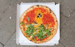 Alma Alloro, 'pizza' (2015) Install view. photo by paul barsch & simona lamparelli. Pizza Al Volo, Venice.