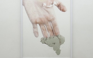 Rachel de Joode, <i>Human Hand Pressing Clay on Glass</i> (2015) Install view. Courtesy KANSAS, New York.