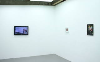 Installation shot, <i>The Angry Show</i>, left to right: Melika Ngombe Kolongo & Daniella Russo, 'Unintended Circumstances' (2013); Jake Kent 'The Last Crust Punk' (2013); Rachel Lord, 'Stella with flowers' (2013). Image courtesy Rózsa Farkas.
