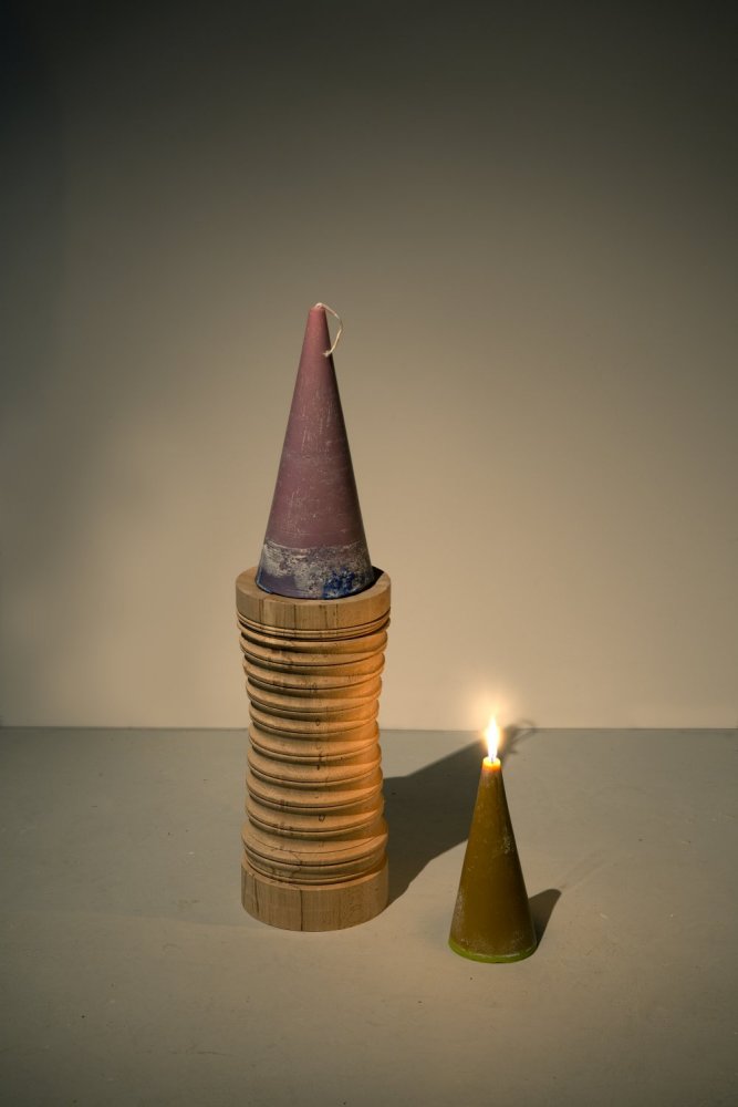 Jan Kiefer Base biz fed ecb 2014 copper beech wood forged iron 50 x 20 cm Candle by Matthias Huber violet volcano 2014 wax pigments cord 35 x 15 cm