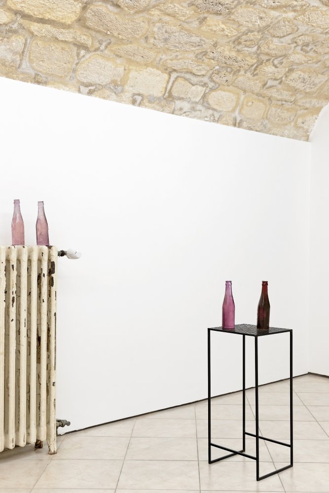 Hadrien Gérenton, 'Object from the hand (glass bottles)', 'Sculpture de mobilier (per eventi)' (2015). Install view. Courtesy New Galerie, Paris.